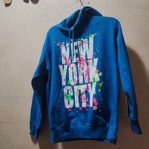 Vibrant New York City Paint Splash Blue Graphic Hoodie Medium Excellent Conditio